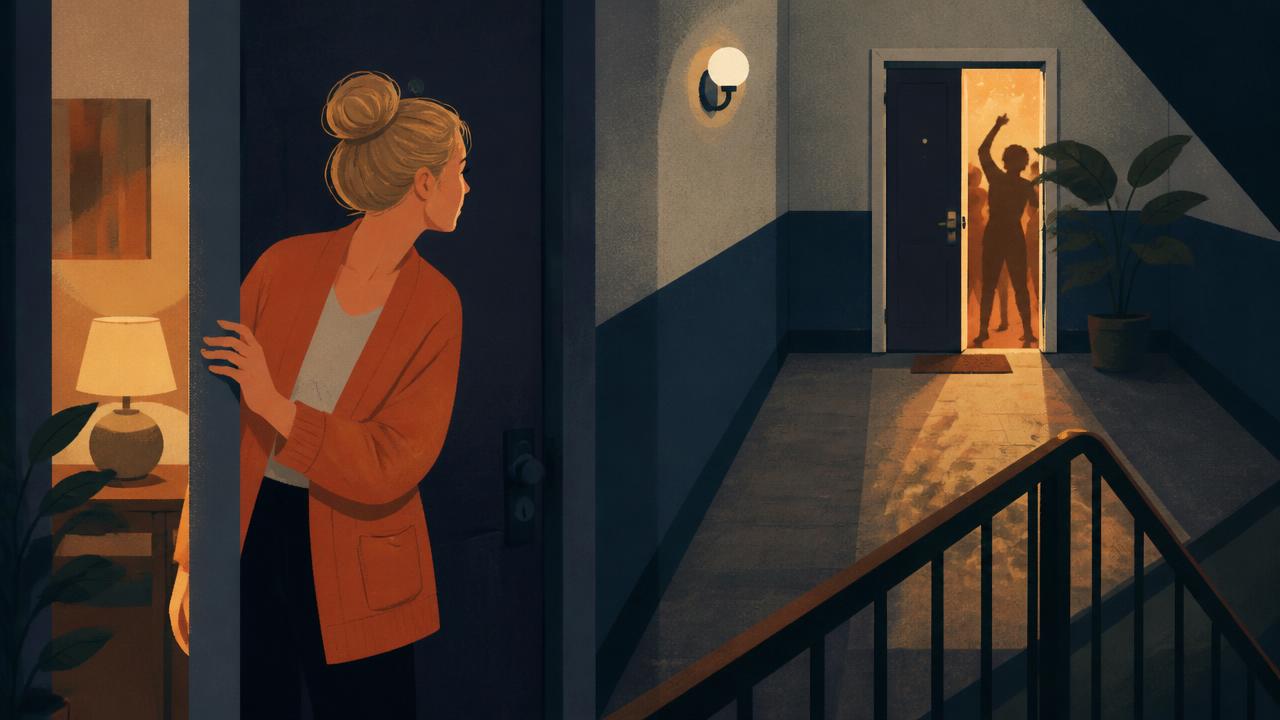 Eine junge Frau hört nachts im Flur an der Wohnungstür ihres Nachbarn.