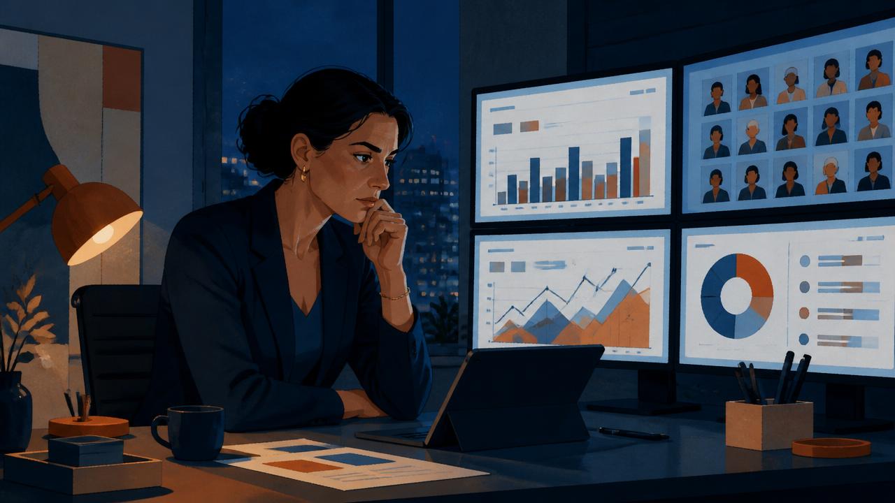 Eine Frau sitzt konzentriert vor mehreren Bildschirmen mit Daten in einem modernen Büro.