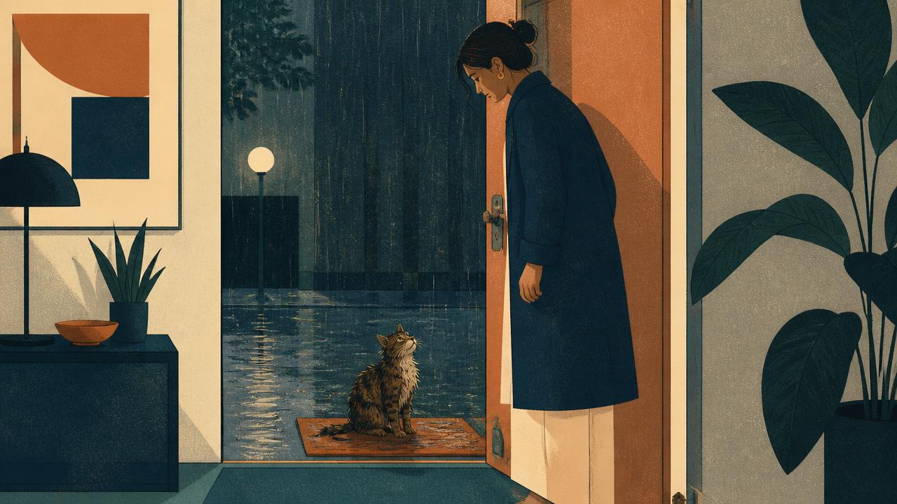 Eine graue Katze sitzt vor einer Wohnungstür und schaut eine Frau an.