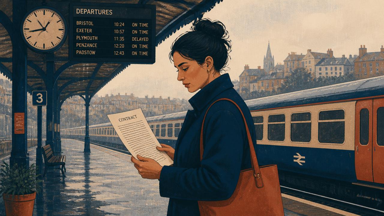 Illustration: Lena steht nachdenklich mit Tasche und Vertrag in der Hand auf einem regnerischen Bahnsteig.