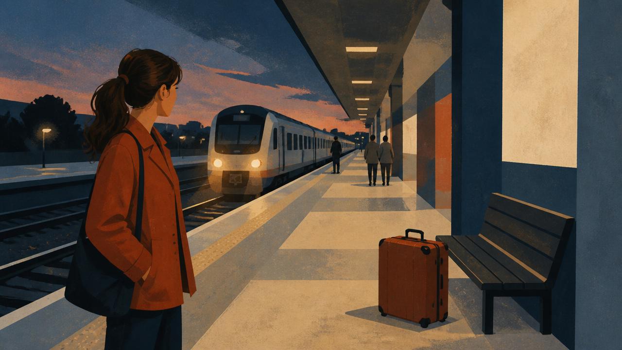 Ein einsamer Koffer steht auf einem Bahnsteig, im Hintergrund fährt ein Zug ein.