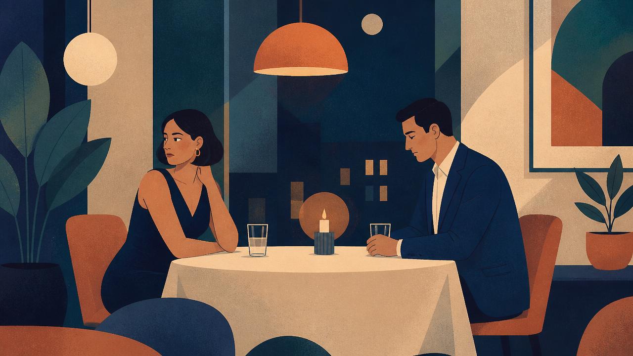 Zwei Personen sitzen an einem Café-Tisch und schauen sich unsicher an.